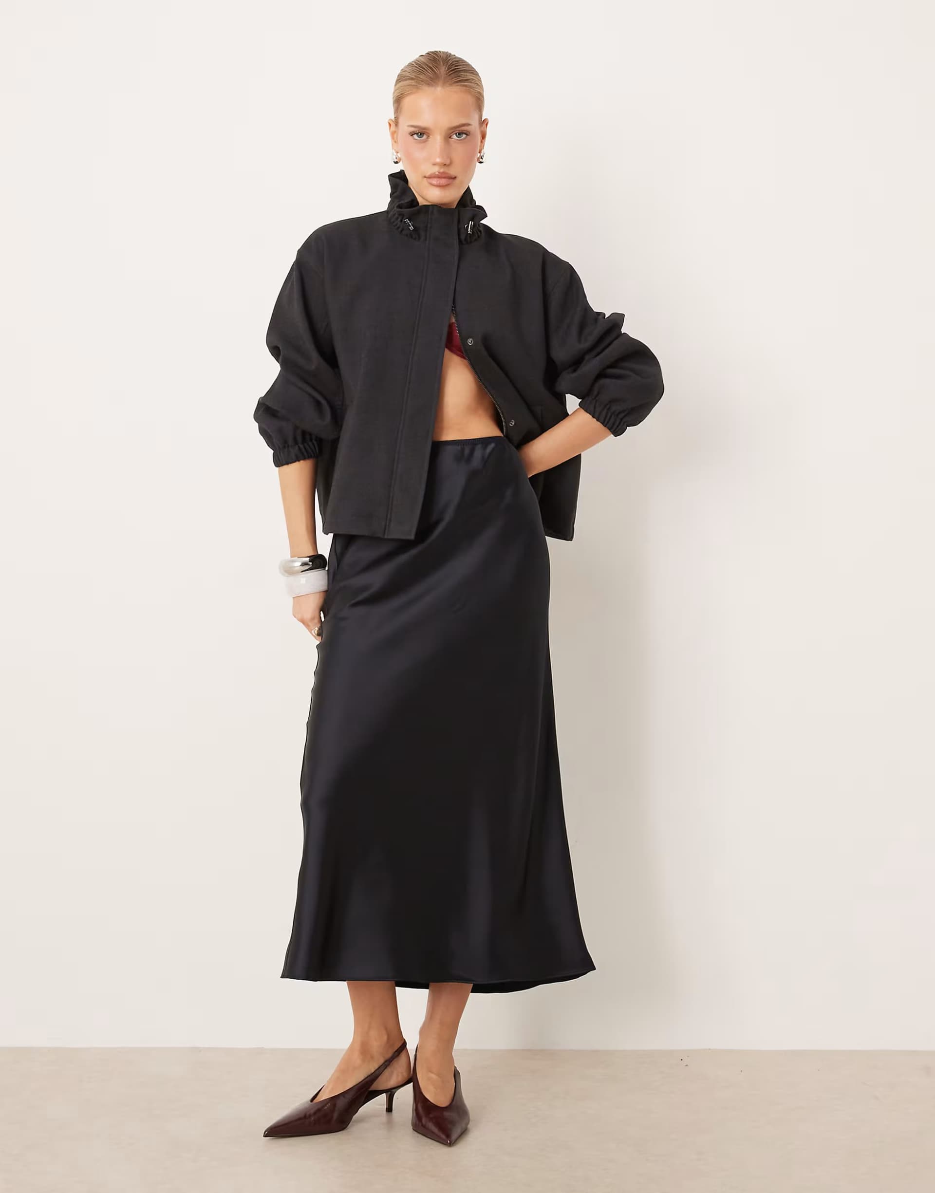 ASOS Mango satin maxi skirt in navy
