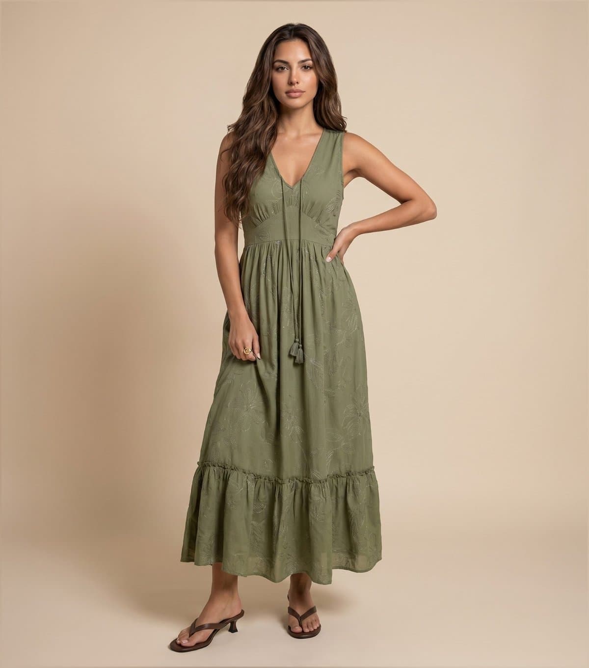 Urban Bliss Women's Light Khaki Embroidered Tassel Maxi Dress Urban Bliss New Look