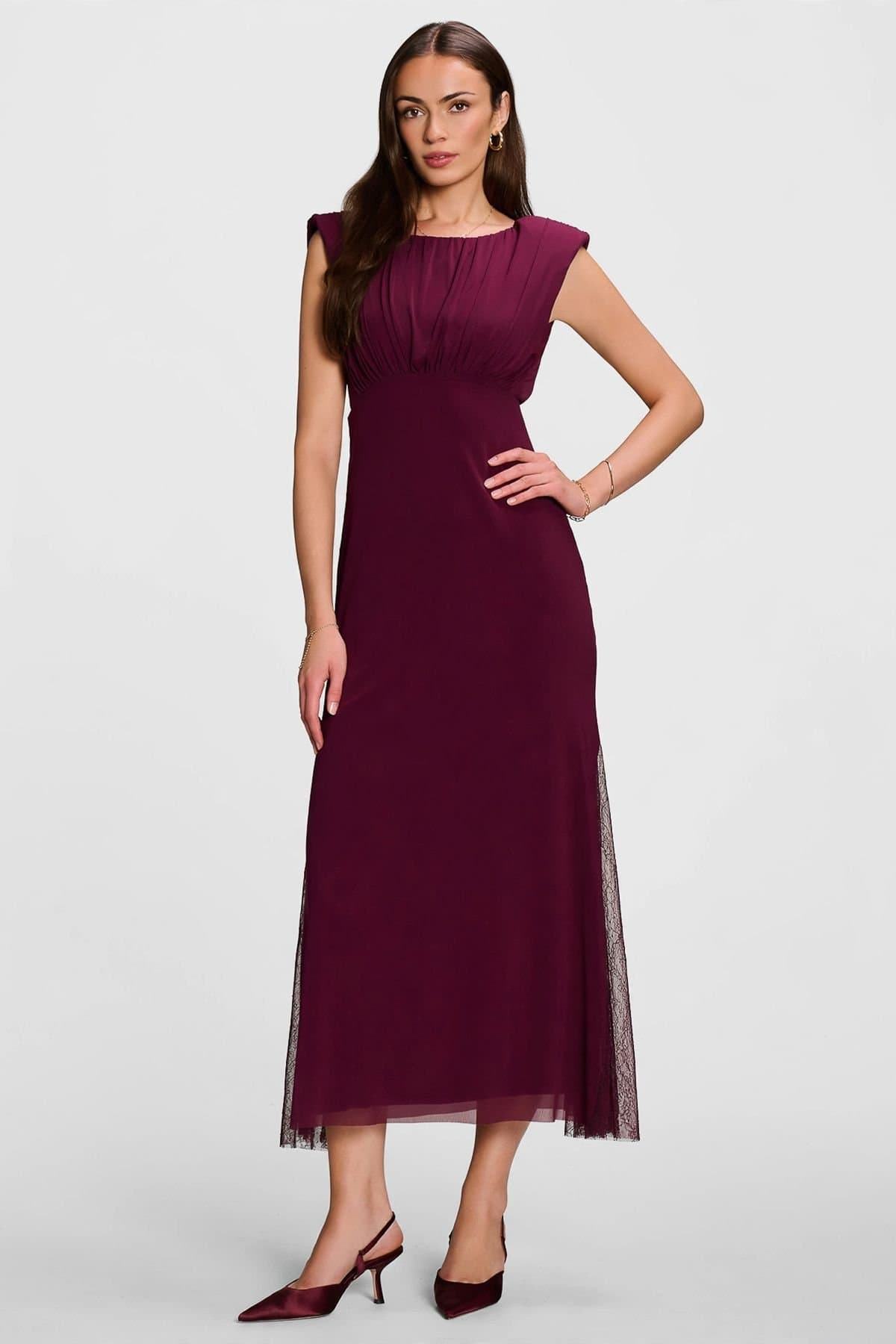Jolie Moi Jolie Moi Women's Lace Insert Mesh Maxi Dress in Purple
