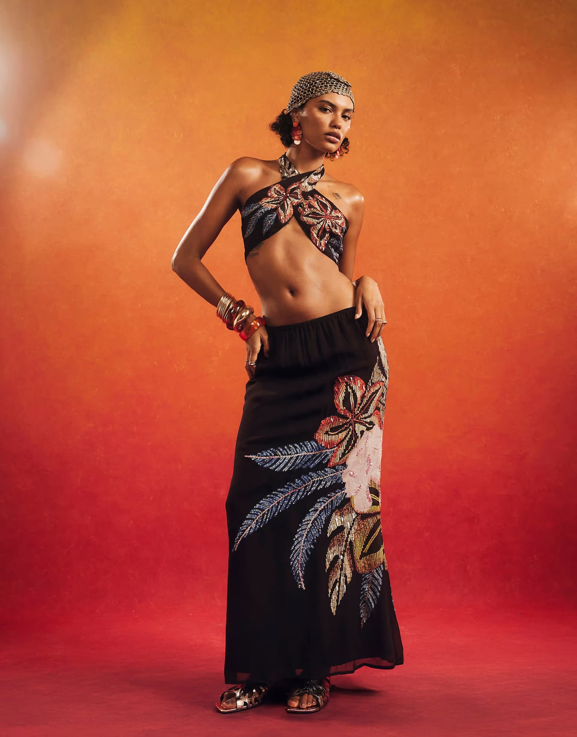 ASOS River Island Beaded floral maxi skirt in black