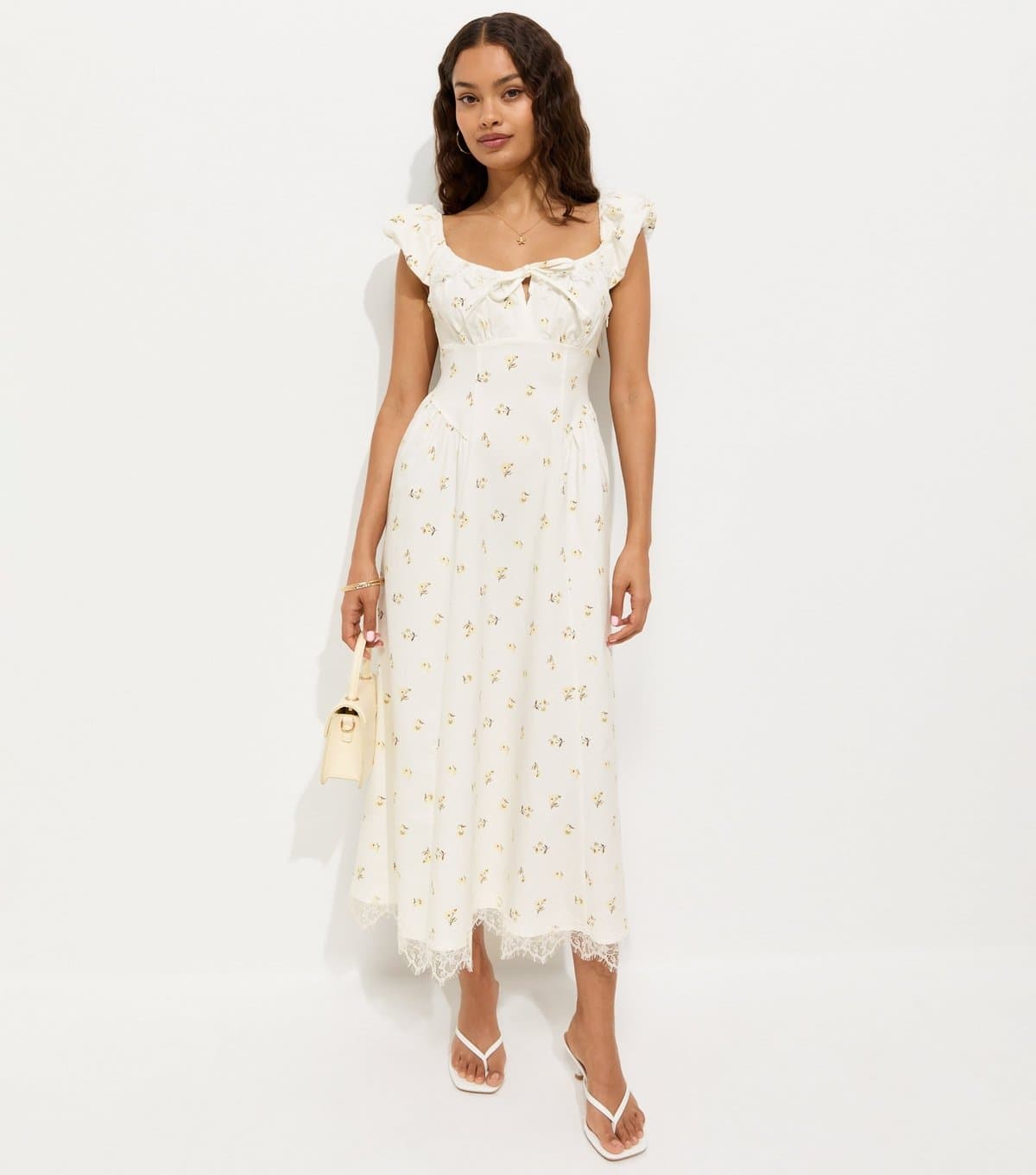 New Look Women's Petite Cream Floral Print Milkmaid Midi Dress New Look