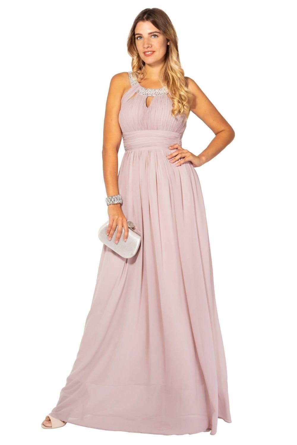 KRISP KRISP Women's Diamante Neck Chiffon Maxi Dress in Nude - 1
