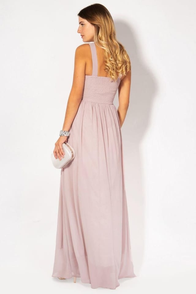 KRISP KRISP Women's Diamante Neck Chiffon Maxi Dress in Nude - 2