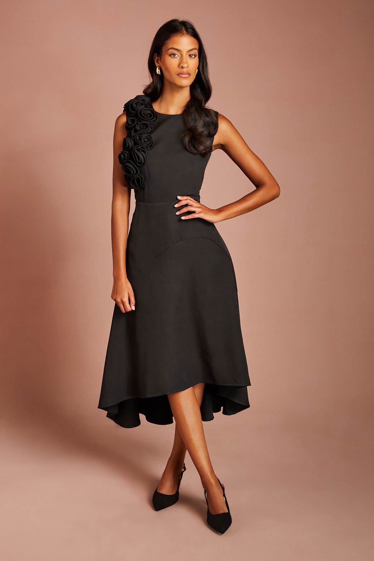 Coast Coast Women's Petite 3D Corsage High Low Dress in Black