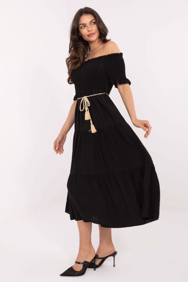 Love Lace Love Lace Women's Flared Summer Midi Dress with Ruffle Spanish Neck in Black - 2
