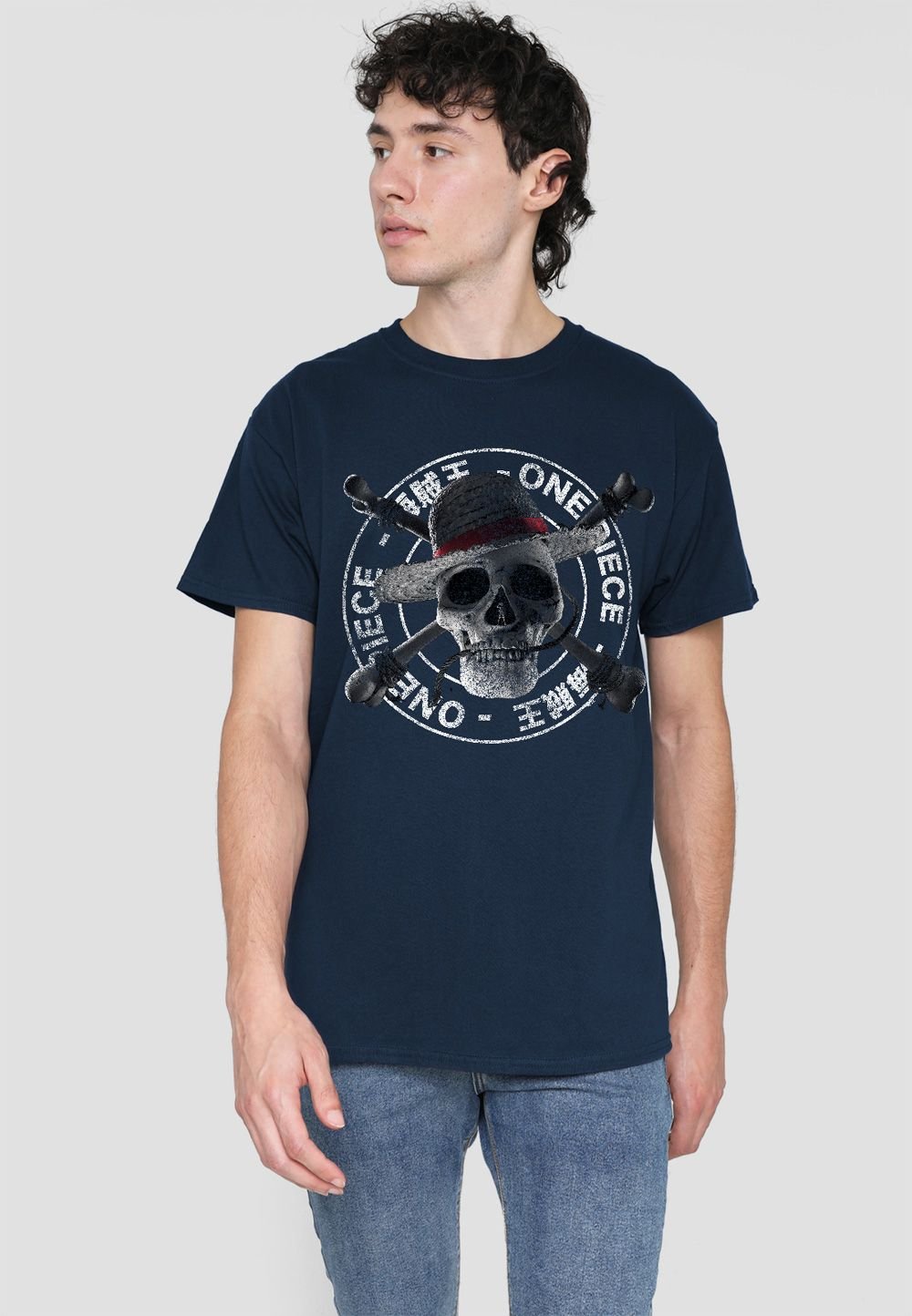 Netflix Netflix Men's One Piece Skull & Cross Bones Stamp T-Shirt, Navy - 2