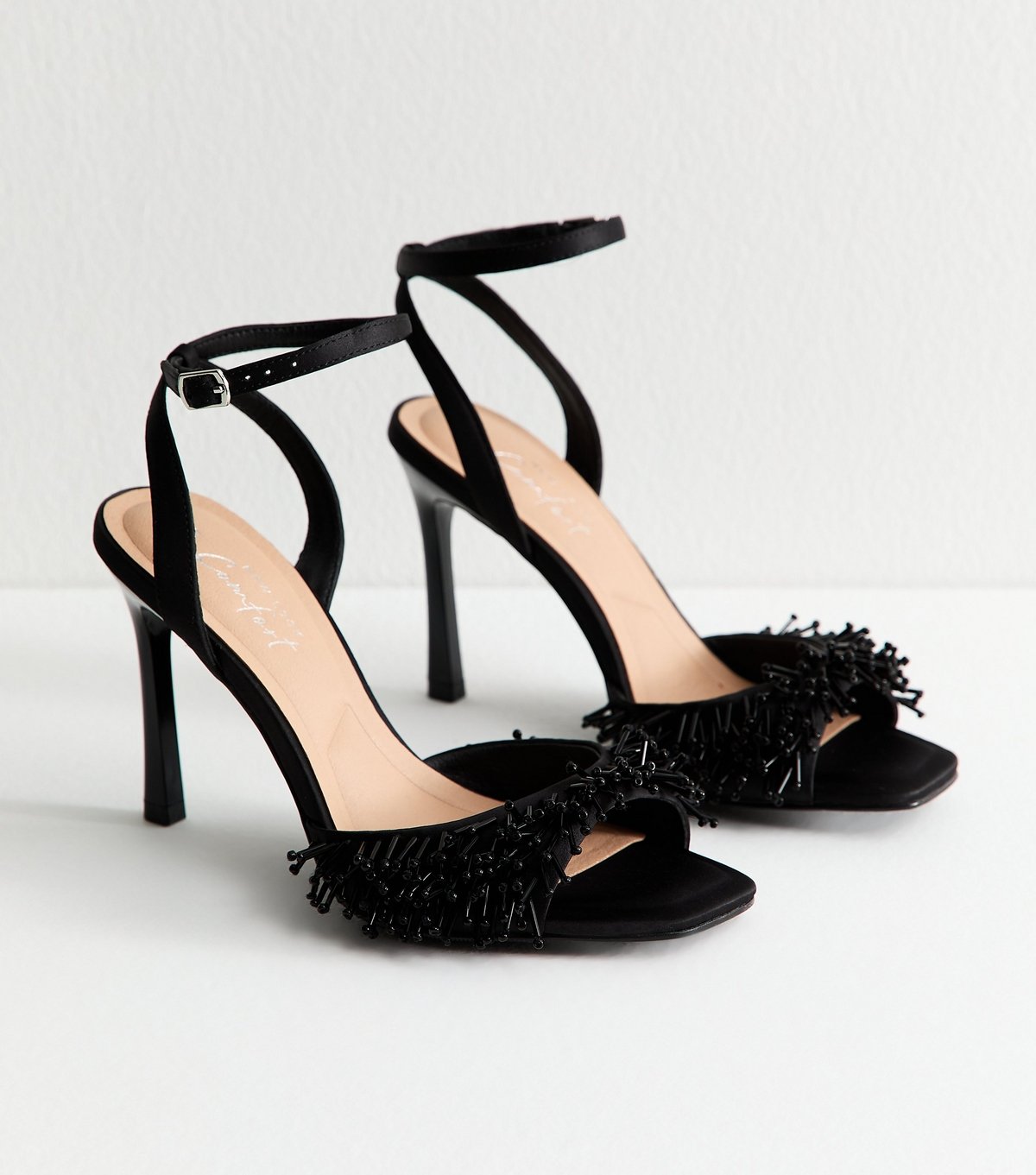 New Look Women's Black Satin Beaded Strap Stiletto Sandals Vegan New Look - 2