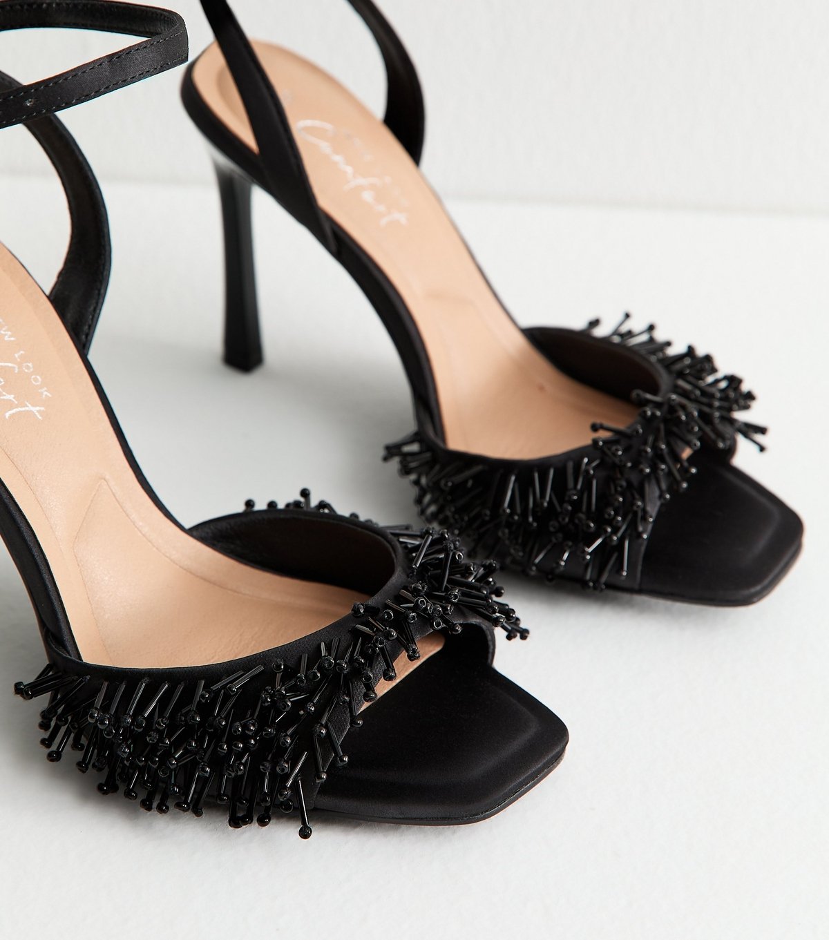 New Look Women's Black Satin Beaded Strap Stiletto Sandals Vegan New Look - 3