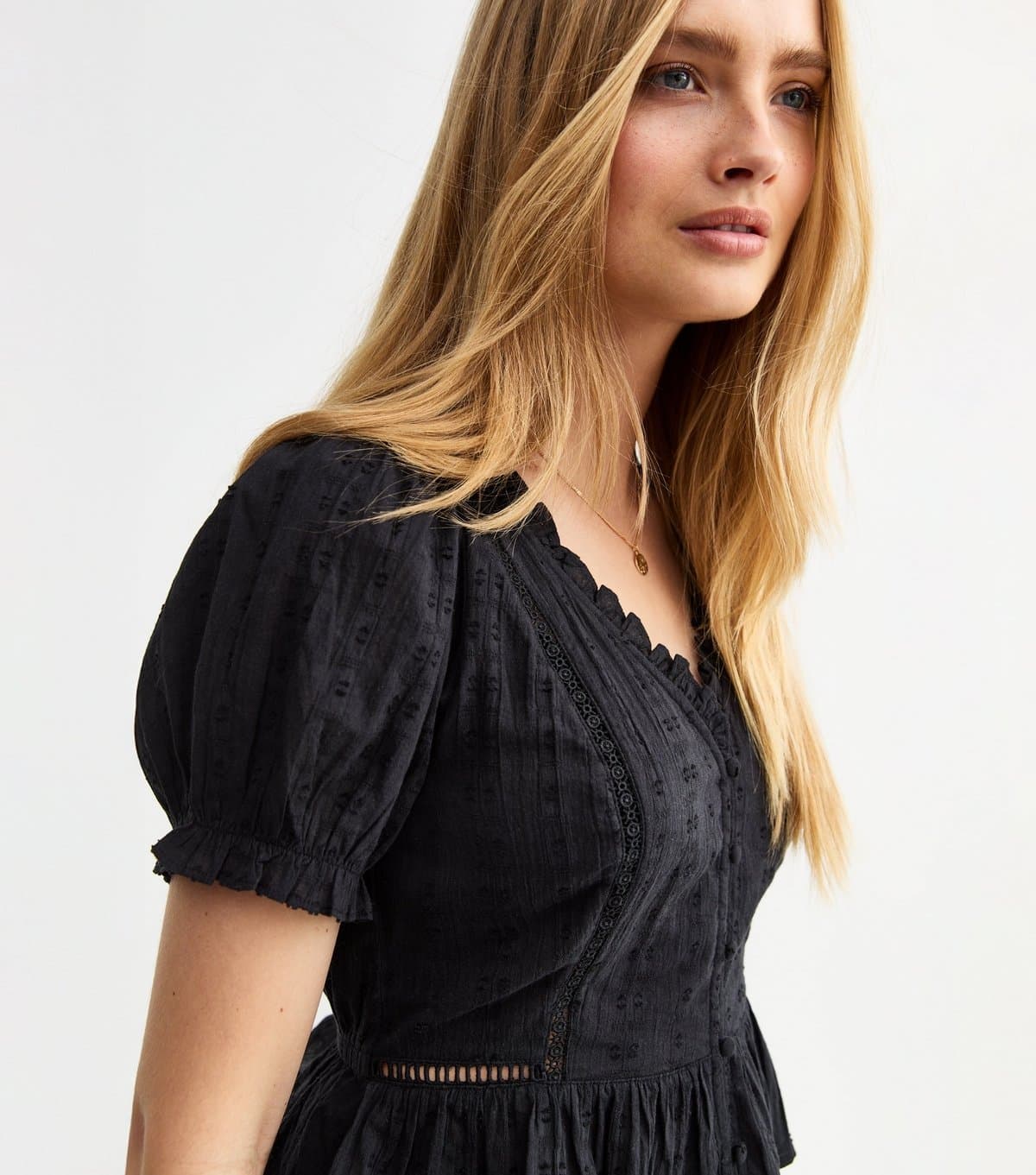 New Look New Look Black Broderie Anglaise Trim Oversized Collar Top