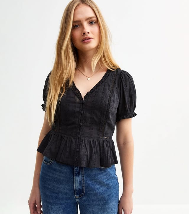 New Look Women's Black Broderie Anglaise Trim Oversized Collar Top New Look - 3