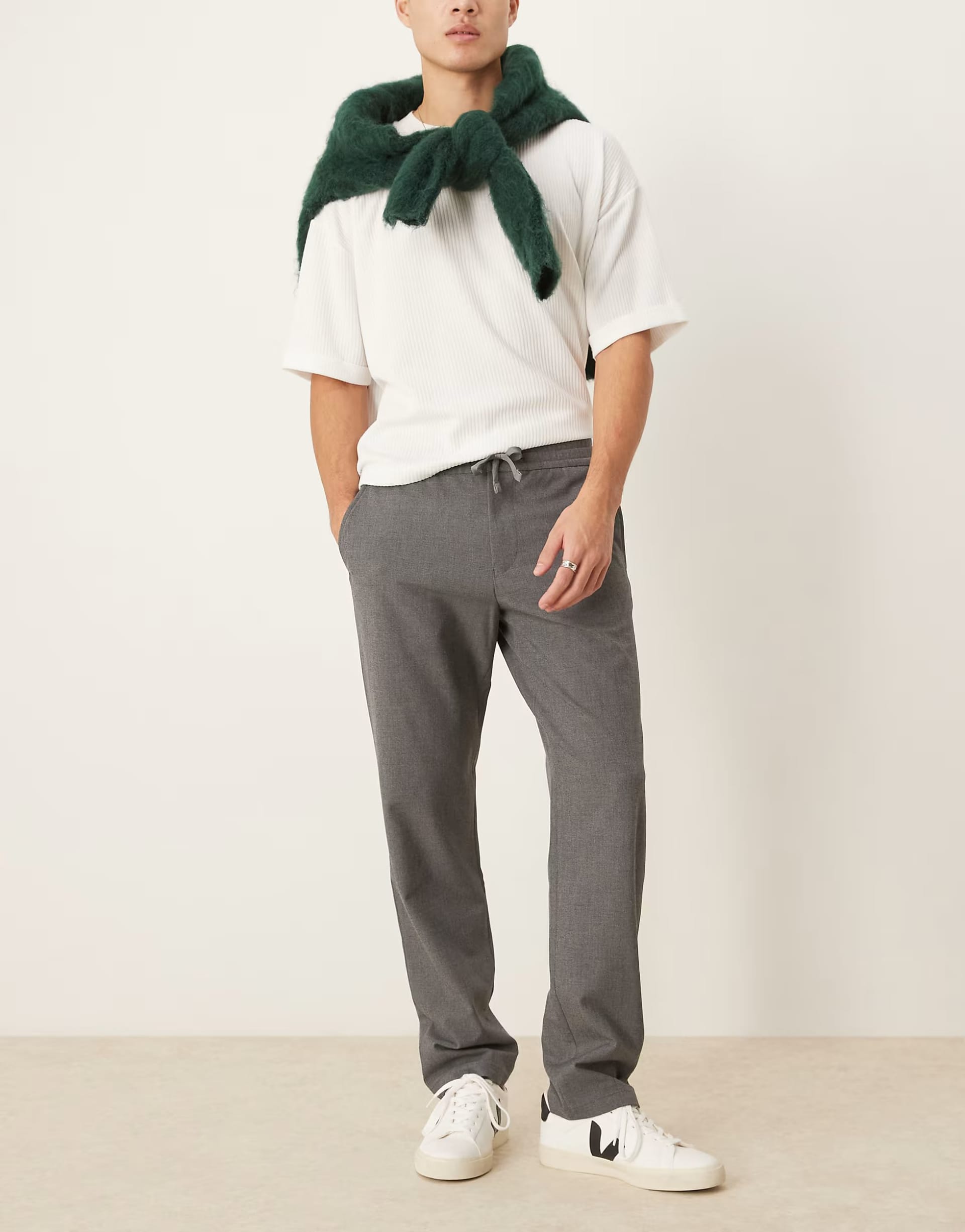 ASOS Grey Melange Straight Fit Trousers with Elastic Waistband