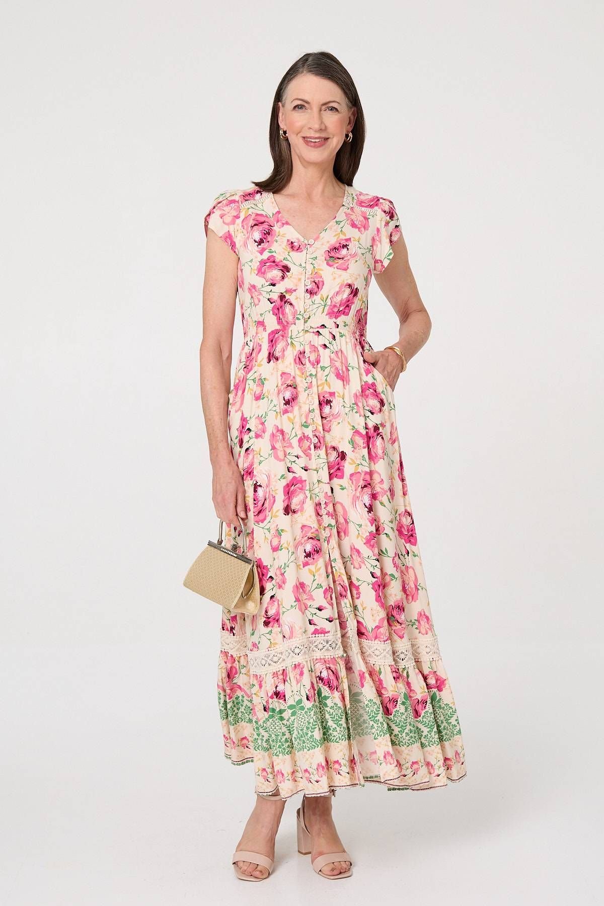 Izabel London Izabel London Women's Floral Lace Trim Relaxed Maxi Dress in Pink - 2