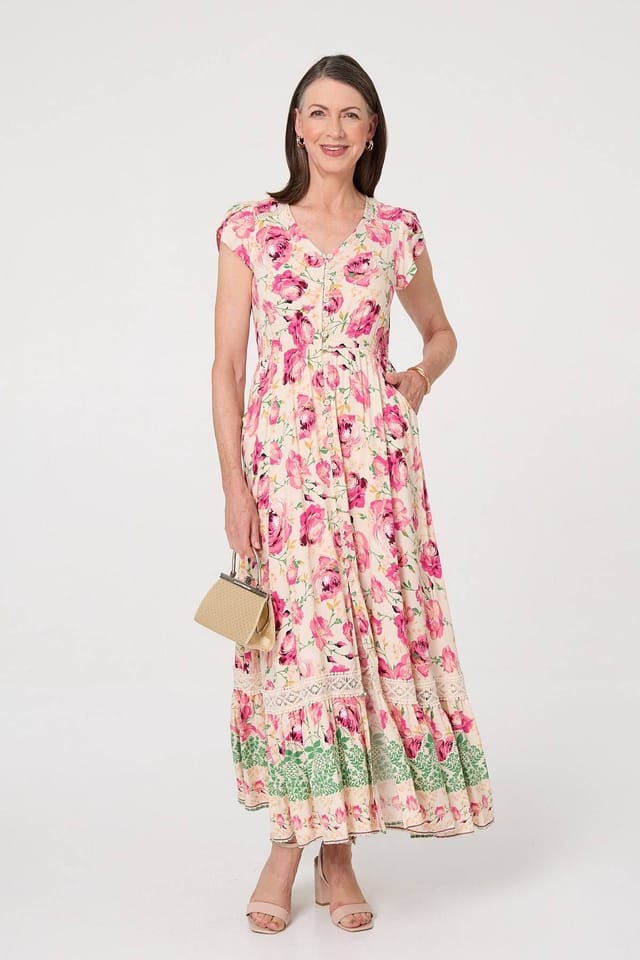 Izabel London Izabel London Women's Floral Lace Trim Relaxed Maxi Dress in Pink - 2