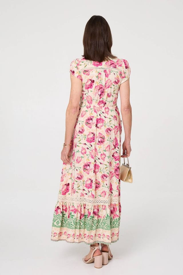 Izabel London Izabel London Women's Floral Lace Trim Relaxed Maxi Dress in Pink - 3