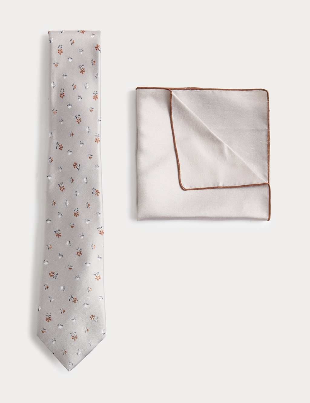 Marks & Spencer M&S Pure Silk Ditsy Floral Tie and Handkerchief Set Stone