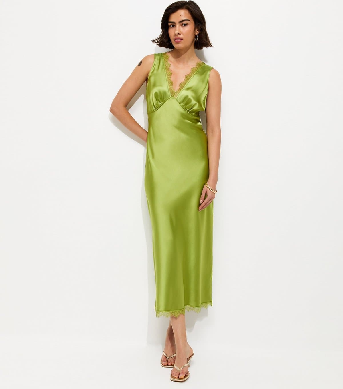 New Look Women's Green Satin Lace Trim Slip Midi Dress New Look