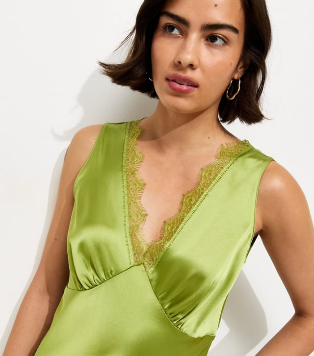 New Look Women's Green Satin Lace Trim Slip Midi Dress New Look - 2