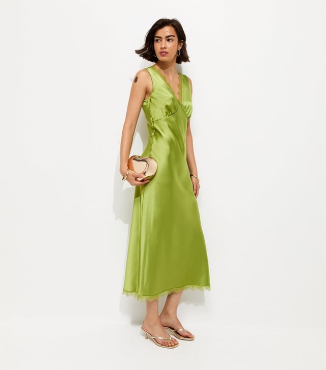 New Look Women's Green Satin Lace Trim Slip Midi Dress New Look - 3