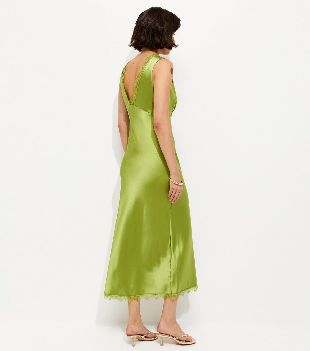 New Look Women's Green Satin Lace Trim Slip Midi Dress New Look - 4