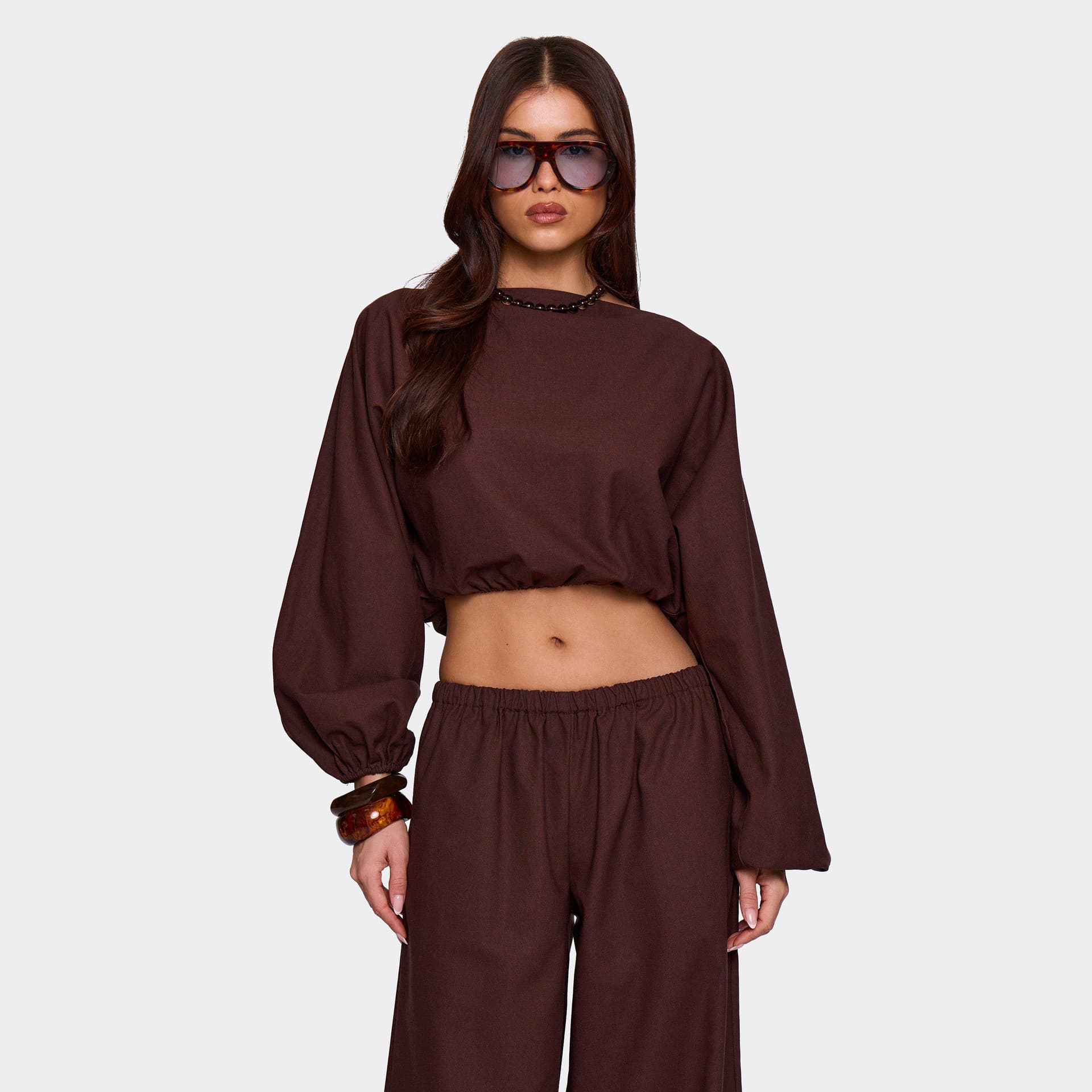 EGO Long Balloon Sleeve Crop Top In Brown Linen, Women's Size UK L