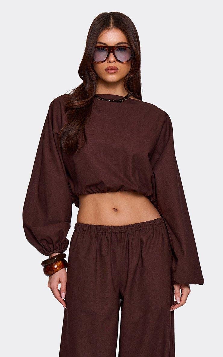 EGO Long Balloon Sleeve Crop Top In Brown Linen, Women's Size UK L - 2