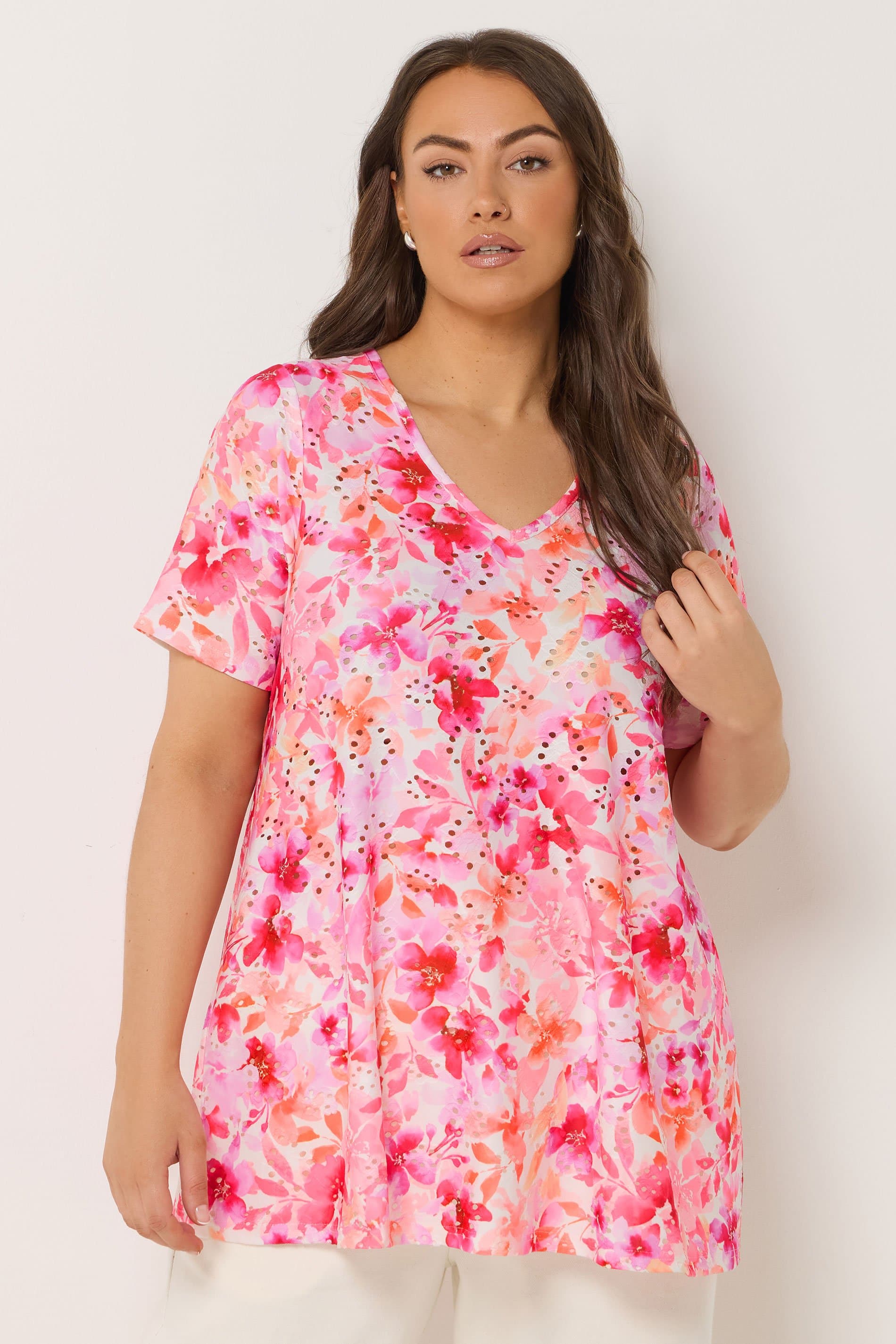 Yours Plus Size Pink Floral Print Broderie Anglaise Top