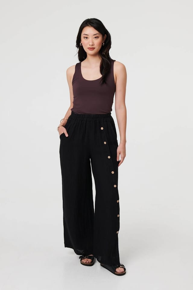 Izabel London Izabel London Women's Button Detail Wide High Waist Trousers in Black - 2
