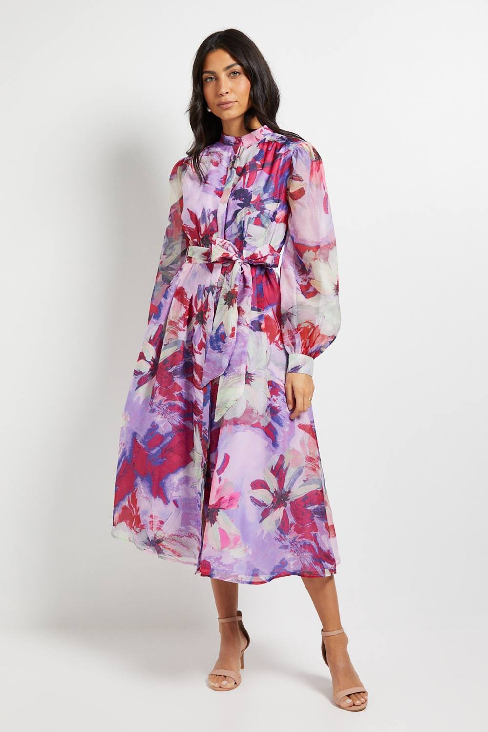 Wallis Wallis Women's Floral Print Organza Midi Shirt Dress in Pink - 2