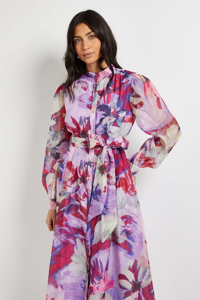 Wallis Wallis Women's Floral Print Organza Midi Shirt Dress in Pink - 2