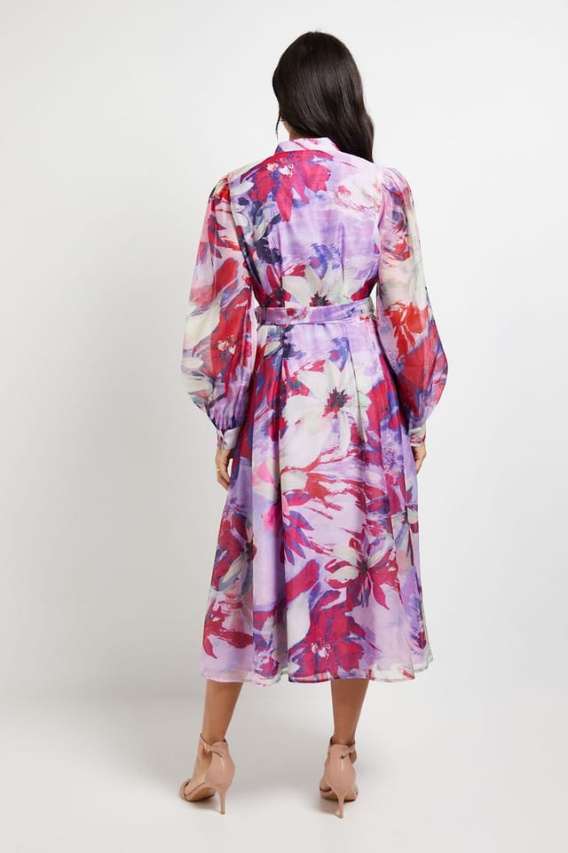 Wallis Wallis Women's Floral Print Organza Midi Shirt Dress in Pink - 3