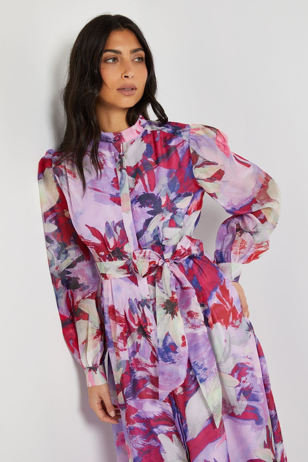 Wallis Wallis Women's Floral Print Organza Midi Shirt Dress in Pink - 4