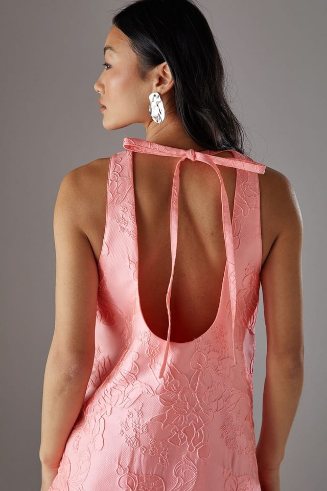 Warehouse Warehouse Women's Petite Jacquard Peplum Hem Open Back Mini Dress in Pastel Pink - 2