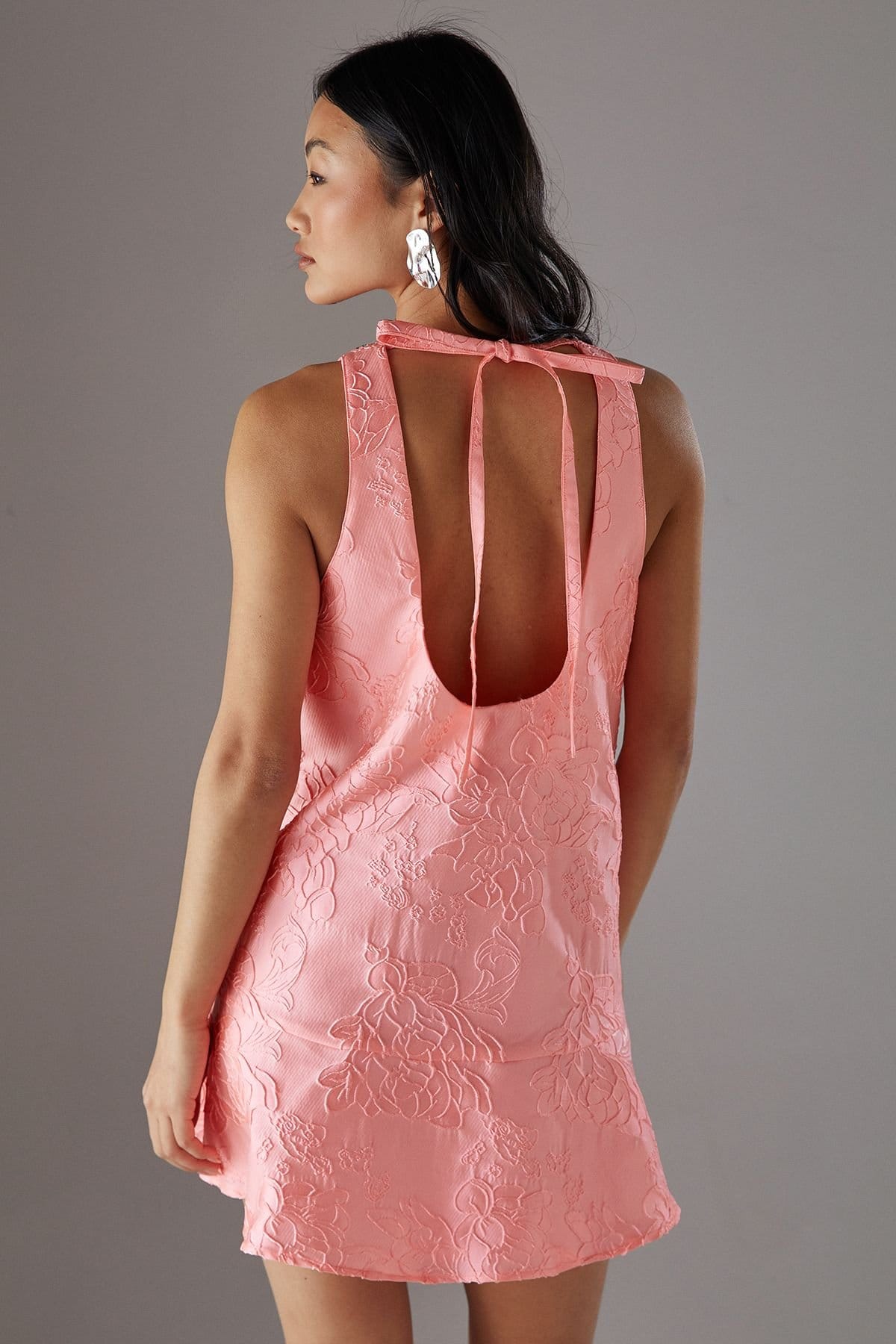 Warehouse Warehouse Women's Petite Jacquard Peplum Hem Open Back Mini Dress in Pastel Pink - 4