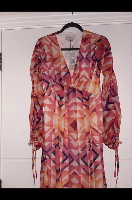 Never Fully Dressed Never Fully Dressed Pink Geo Print Midi Dress Size 10 Long Sleeve Occasion Orange winter wedding