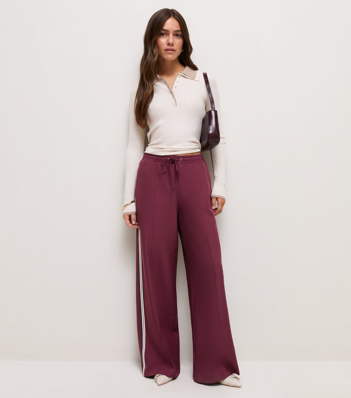 New Look Women's Petite Dark Burgundy Side Stripe Wide Leg Trousers New Look