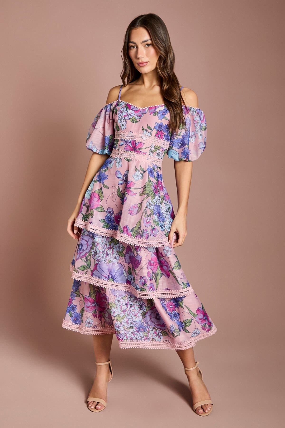 Coast Coast Women's Cold Shoulder Printed Organza Lace Midi Dress in Pink