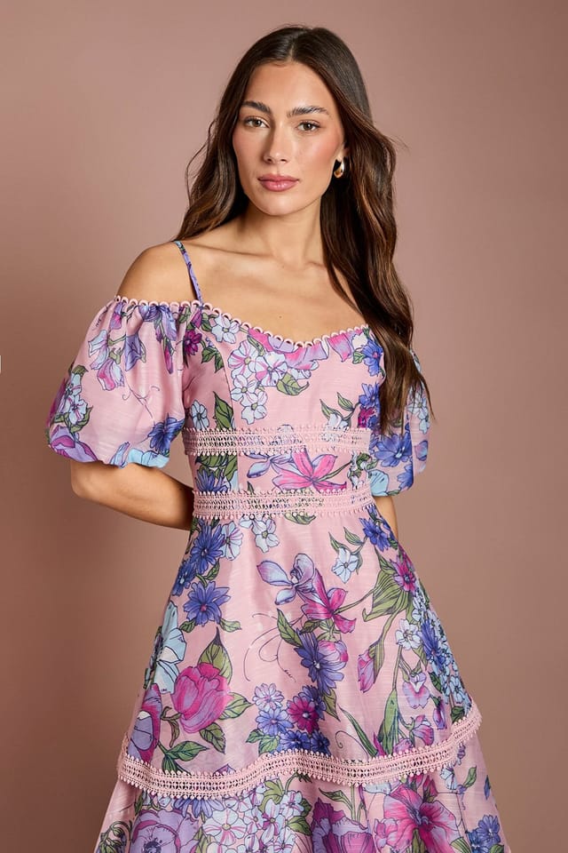 Coast Coast Women's Cold Shoulder Printed Organza Lace Midi Dress in Pink - 2