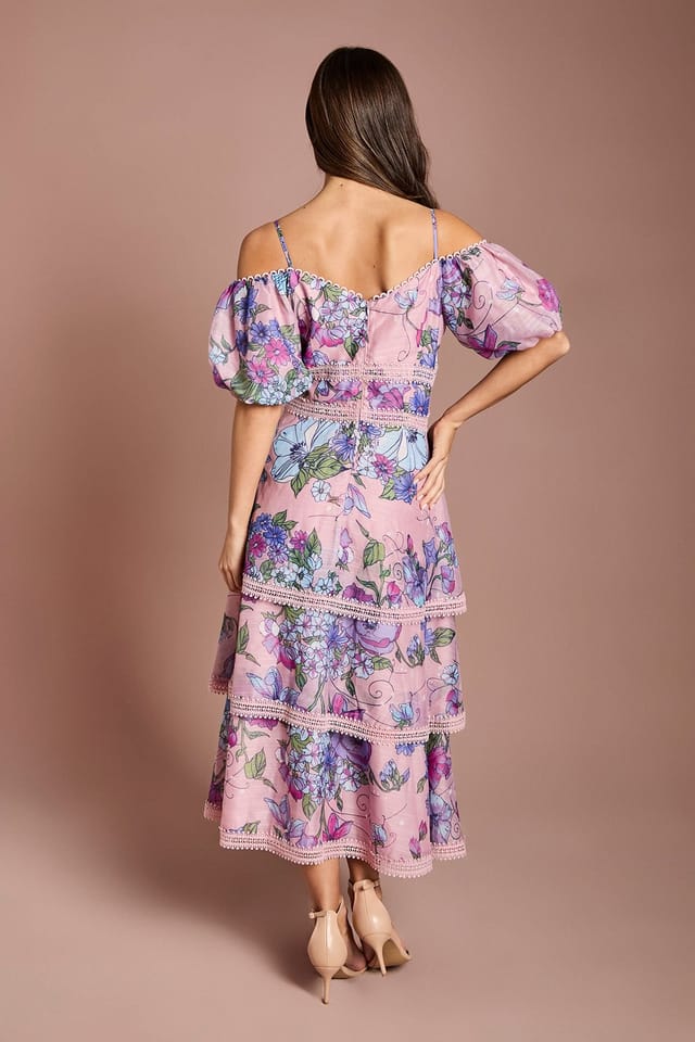 Coast Coast Women's Cold Shoulder Printed Organza Lace Midi Dress in Pink - 3