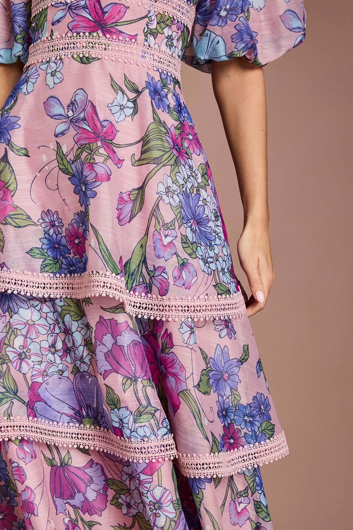 Coast Coast Women's Cold Shoulder Printed Organza Lace Midi Dress in Pink - 4