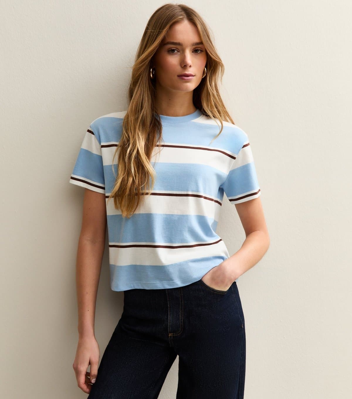 New Look New Look Light Blue Cotton Striped Boxy T-Shirt