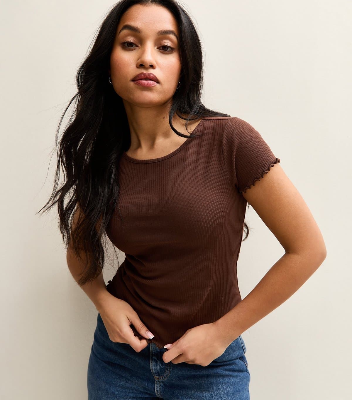 New Look Women's Petite Dark Brown Ribbed Babylock Tee New Look