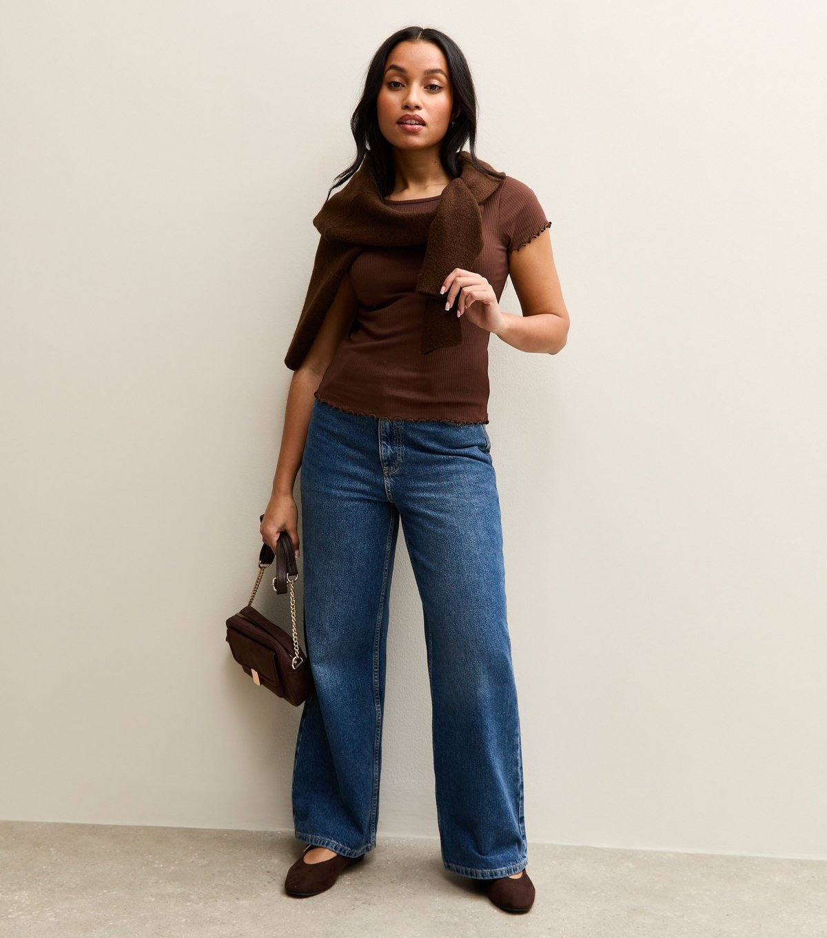 New Look Women's Petite Dark Brown Ribbed Babylock Tee New Look - 3