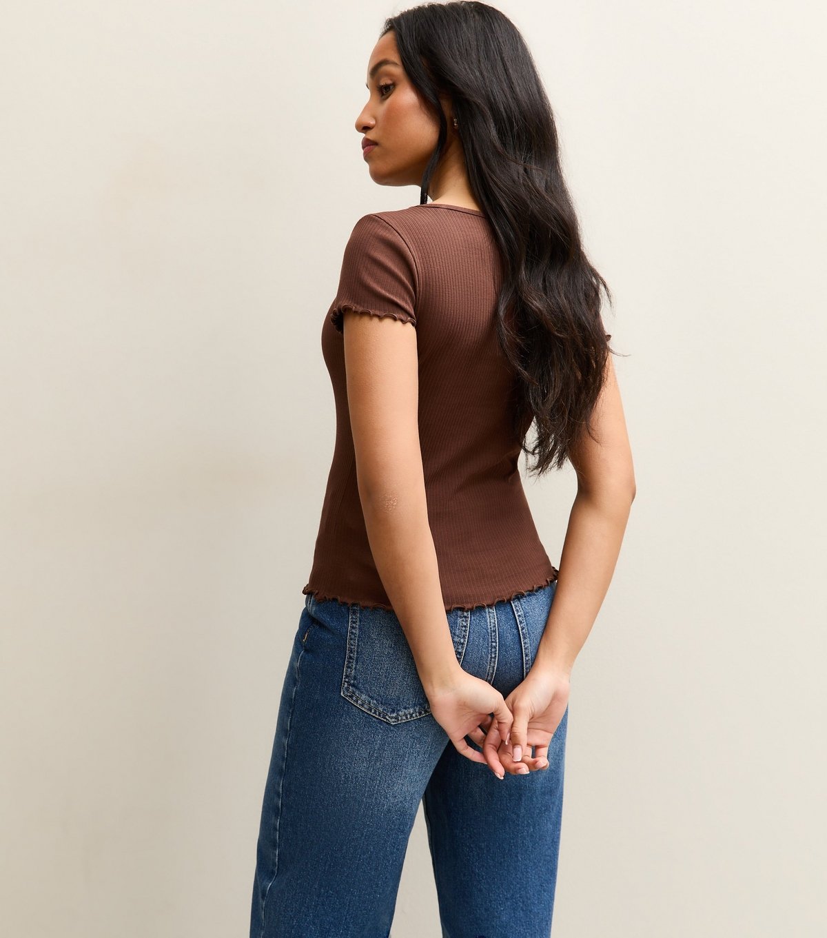 New Look Women's Petite Dark Brown Ribbed Babylock Tee New Look - 4