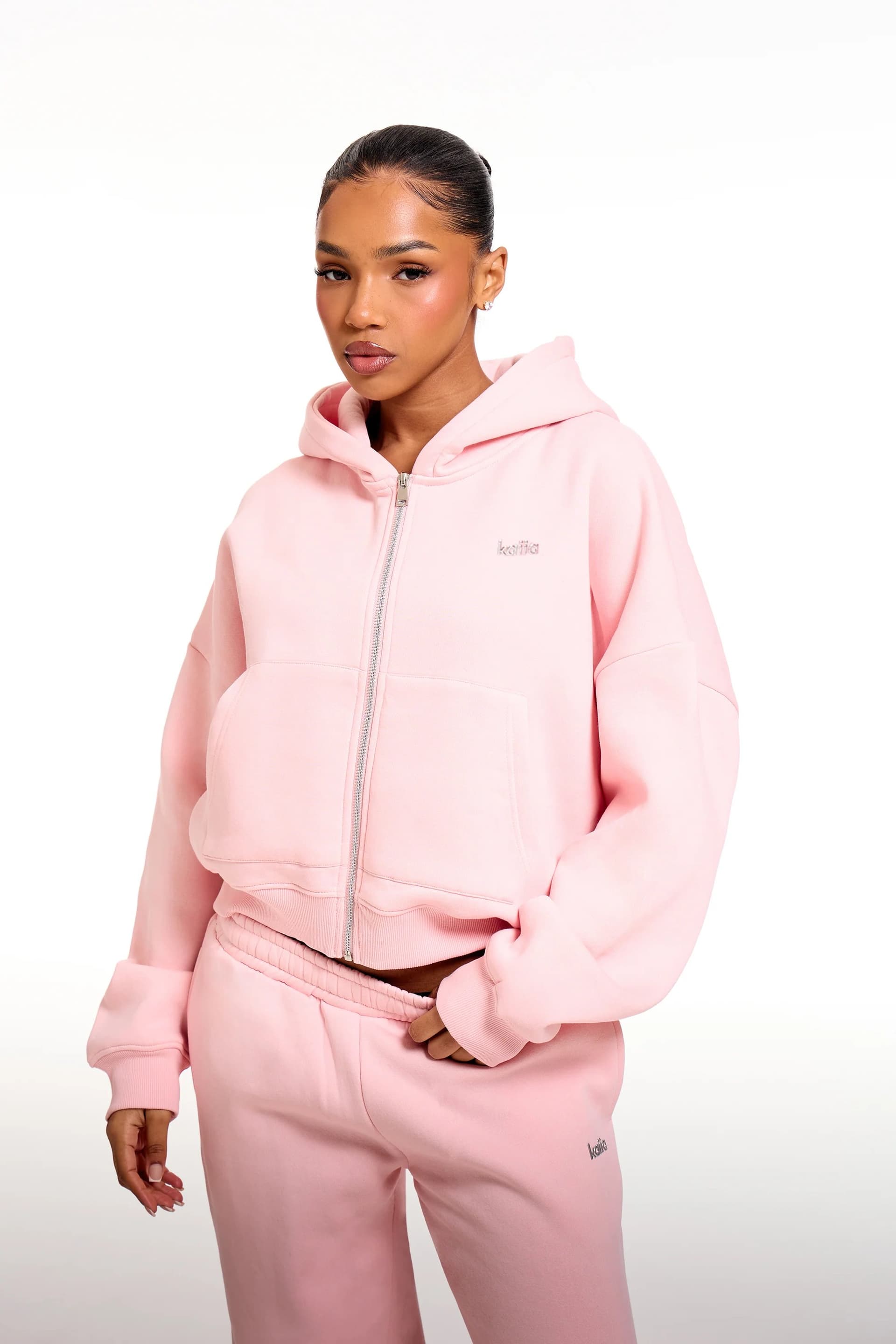 Kaiia Kaiia Chrome Logo Oversized Zip Through Hoodie Sugar Pink
