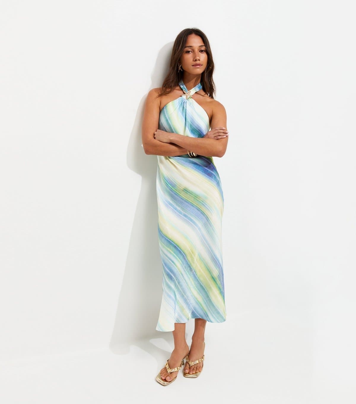 New Look Women's Blue Diagonal Blurry Stripe Halterneck Midi Dress New Look