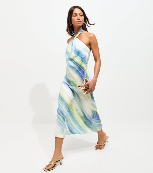 New Look Women's Blue Diagonal Blurry Stripe Halterneck Midi Dress New Look - 2