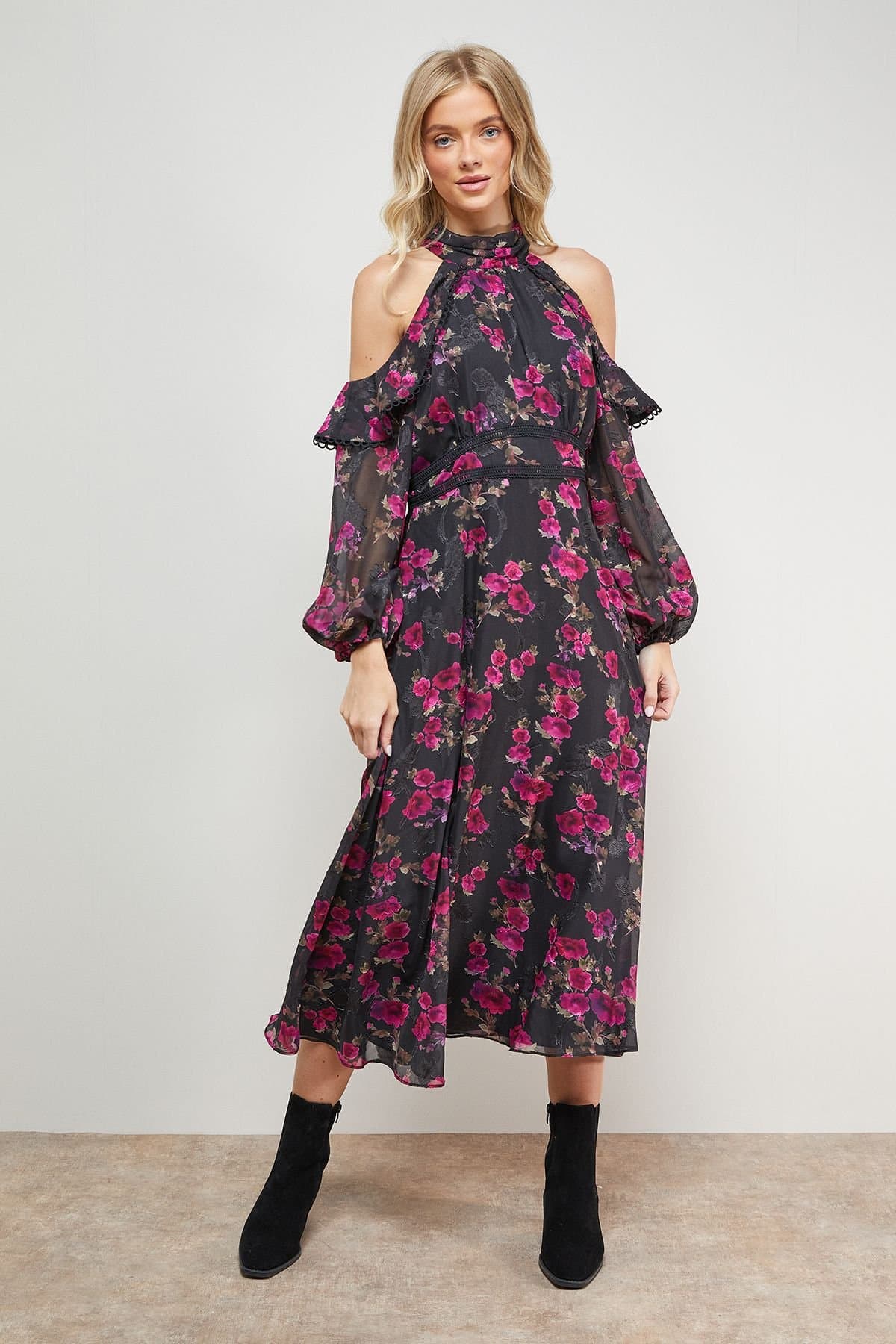 Oasis Oasis Women's Cold Shoulder Ruffle Halterneck Midi Dress