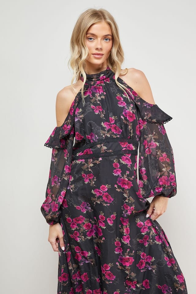 Oasis Oasis Women's Cold Shoulder Ruffle Halterneck Midi Dress - 2
