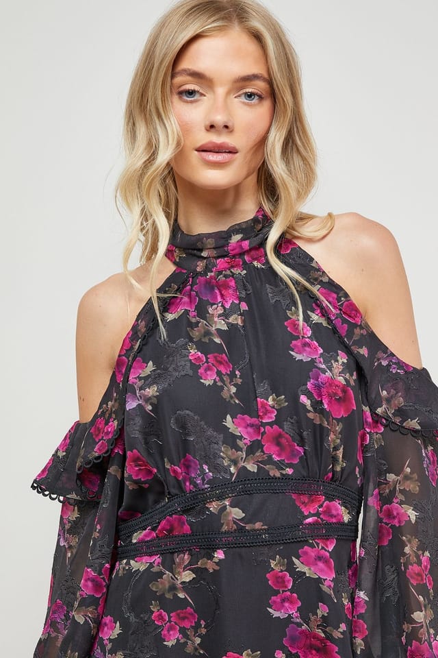Oasis Oasis Women's Cold Shoulder Ruffle Halterneck Midi Dress - 3