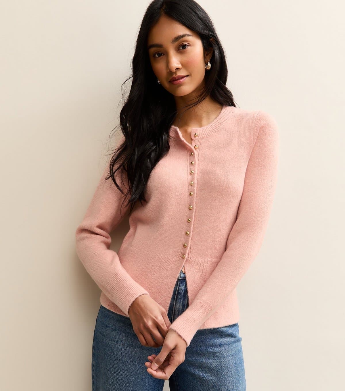 New Look Women's Pink Dome Button Crew Neck Cardigan New Look